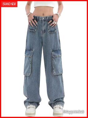 Women's High Waist Cargo Jeans Straight Leg Multi-Pocket Streetwear Denim